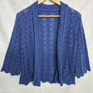 Blue Pointelle Knit Bolero Cardigan Open Front Lace Shrug Boho Cottagecore